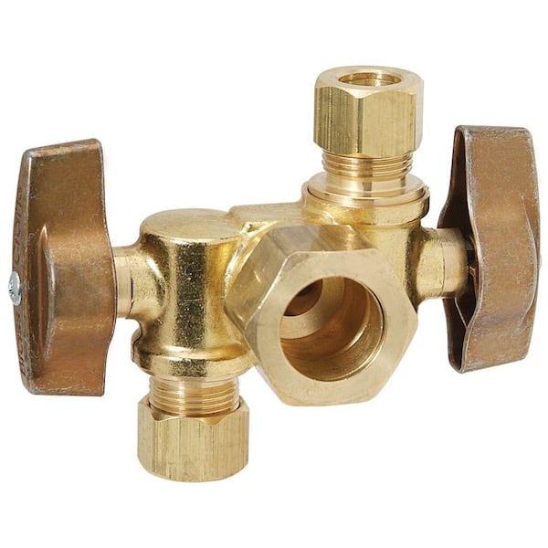 BrassCraft 1/2 in. Nominal Inlet x 3/8 in. O.D. Comp x 1/4 in. O.D. Dual Outlet Dual Shut-Off 1/4 in. Turn Angle Ball Valve