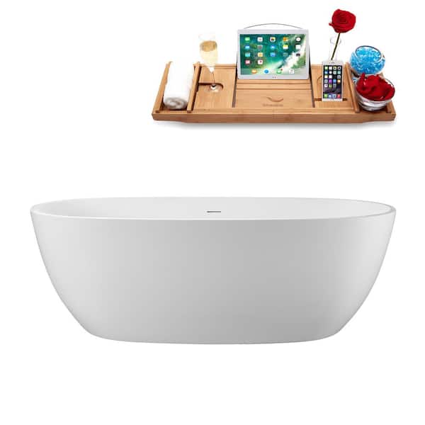 Streamline 67 in. x 32 in. Acrylic Freestanding Soaking Bathtub in Glossy White with Matte Oil Rubbed Bronze Drain, Bamboo Tray