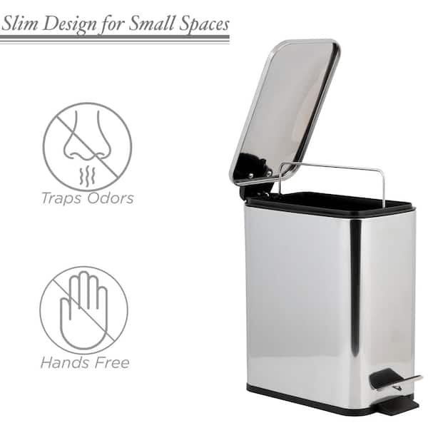 Basics Smudge Resistant Small Rectangular Trash Can With Soft-Close  Foot Pedal, Brushed Stainless Steel, 5 Liter/1.32 Gallon,7.3 x 8.5 x 11.8