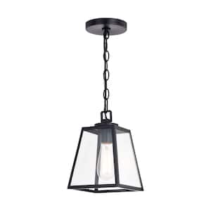 Grant 7 in. 1-Light Black Indoor Outdoor Farmhouse Mini Pendant Lantern, Hanging Ceiling Light with Clear Glass Panels
