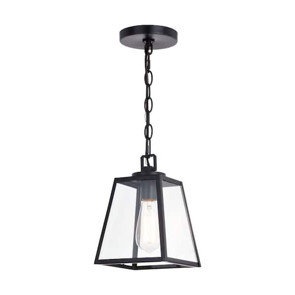 VAXCEL Grant 7 in. 1-Light Black Indoor Outdoor Farmhouse Mini Pendant Lantern, Hanging Ceiling Light with Clear Glass Panels