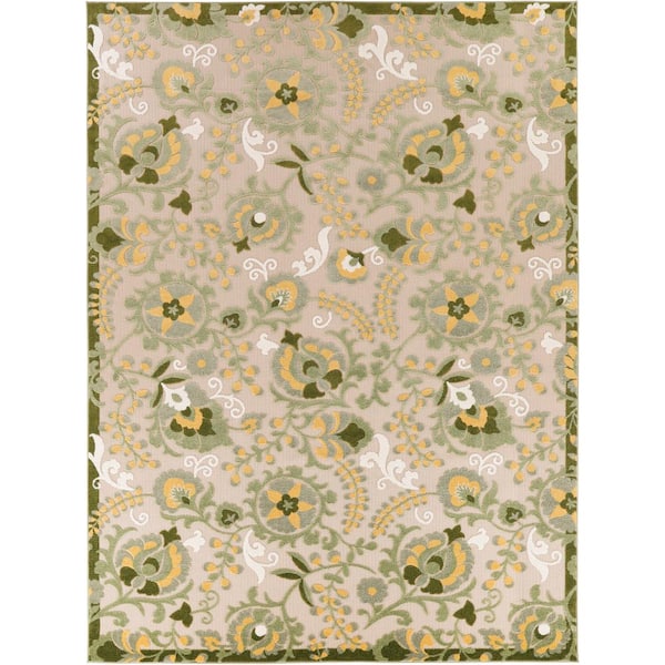 Nourison Aloha Ivory Green 12 ft. x 15 ft. Floral Contemporary Indoor/Outdoor Area Rug