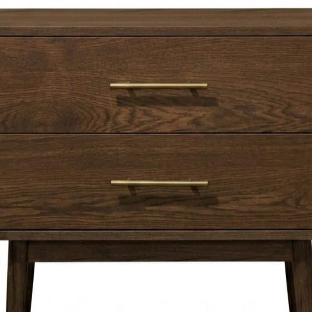 Front view of a walnut 2-drawer nightstand.