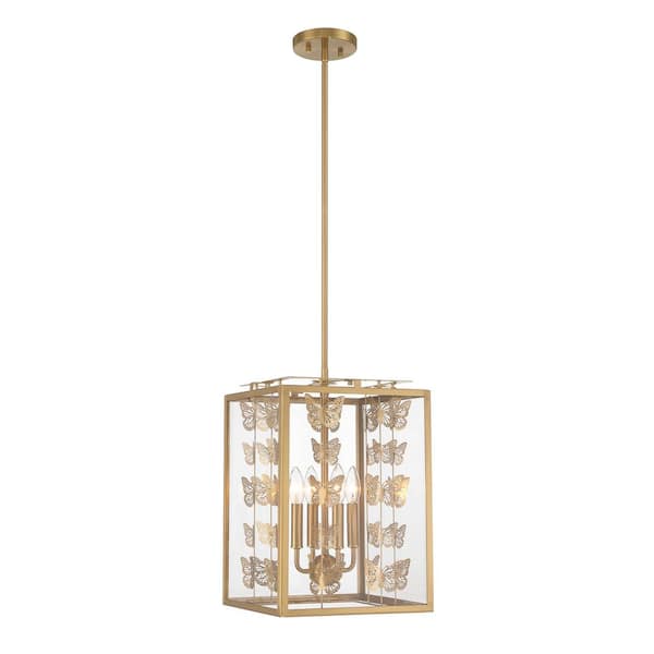 Savoy House Birch 4-Light Warm Brass Pendant Light with Clear Glass Shades and Butterflies