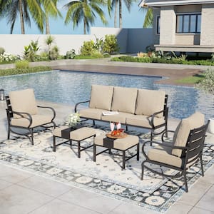 Black Slatted 7-Seat 5-Piece Metal Outdoor Patio Conversation Set with Beige Cushions and 2 Ottomans