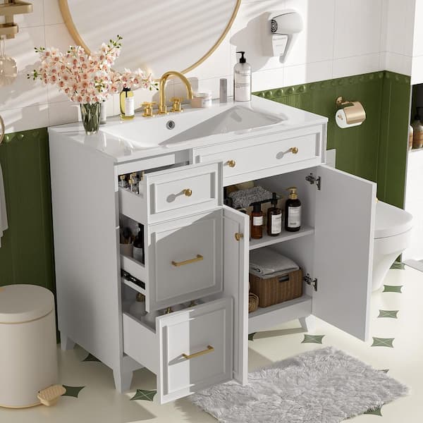 36 in. White Bathroom Vanity with Ceramic Top Sink, Modern Bathroom Storage Cabinet with Adjustable Shelves