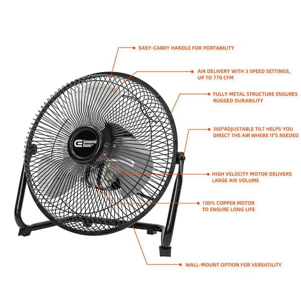 Commercial Electric - 9 in. 3-Speed High Velocity Floor Fan in Black With Wall Mount Bracket