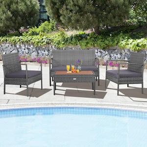 8-Piece Rattan Patio Conversation Furniture Set with Acacia Wood Tabletop with Gray Cushions