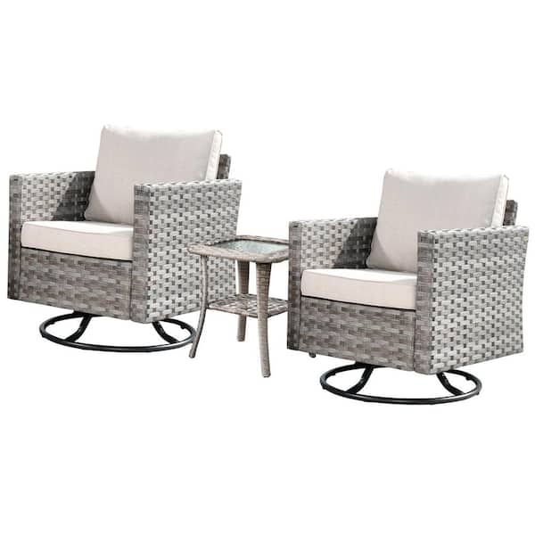 Isabella Gray 3-Piece Wicker Outdoor Rocking Chair Set with Beige Cushions