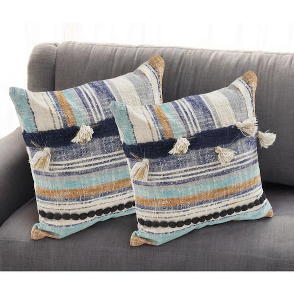 Blue Striped Polyester 18 in. x 18 in. Throw Pillow (Set of 2)
