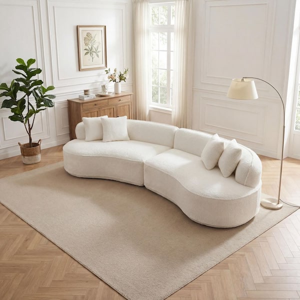 Asher Modern Oversized 114 in. 2-piece Boucle Fabric Curved Compressed Sectional Sofa in. White with Throw Pillows
