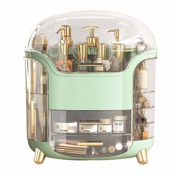 Clear Makeup Organizer Box with Lid and Drawers for Countertop, Waterproof Dustproof Cover, 9 Storage Compartments