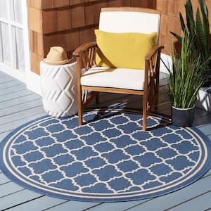 Courtyard Blue/Beige 5 ft. x 5 ft. Round Geometric Indoor/Outdoor Patio  Area Rug