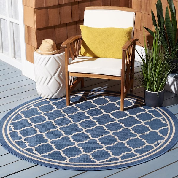 Courtyard Blue/Beige 7 ft. x 7 ft. Round Geometric Indoor/Outdoor Patio  Area Rug