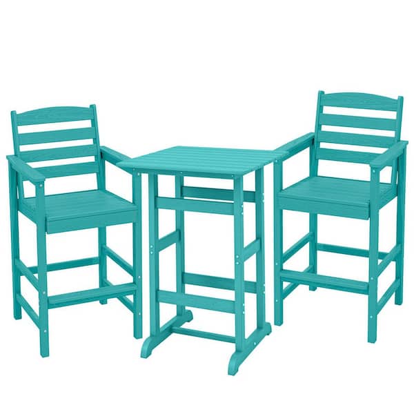 3-Piece HDPE Outdoor Patio Bar Set, Oversize Tall Adirondack Bar Chair and Table Set, Aruba Blue