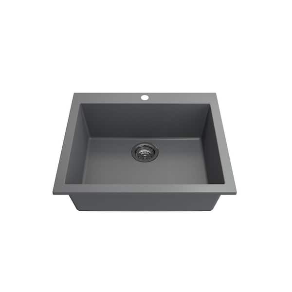 BOCCHI Campino Uno Concrete Gray Granite Composite 24 in. Single Bowl Drop-In/Undermount Kitchen Sink with Strainer