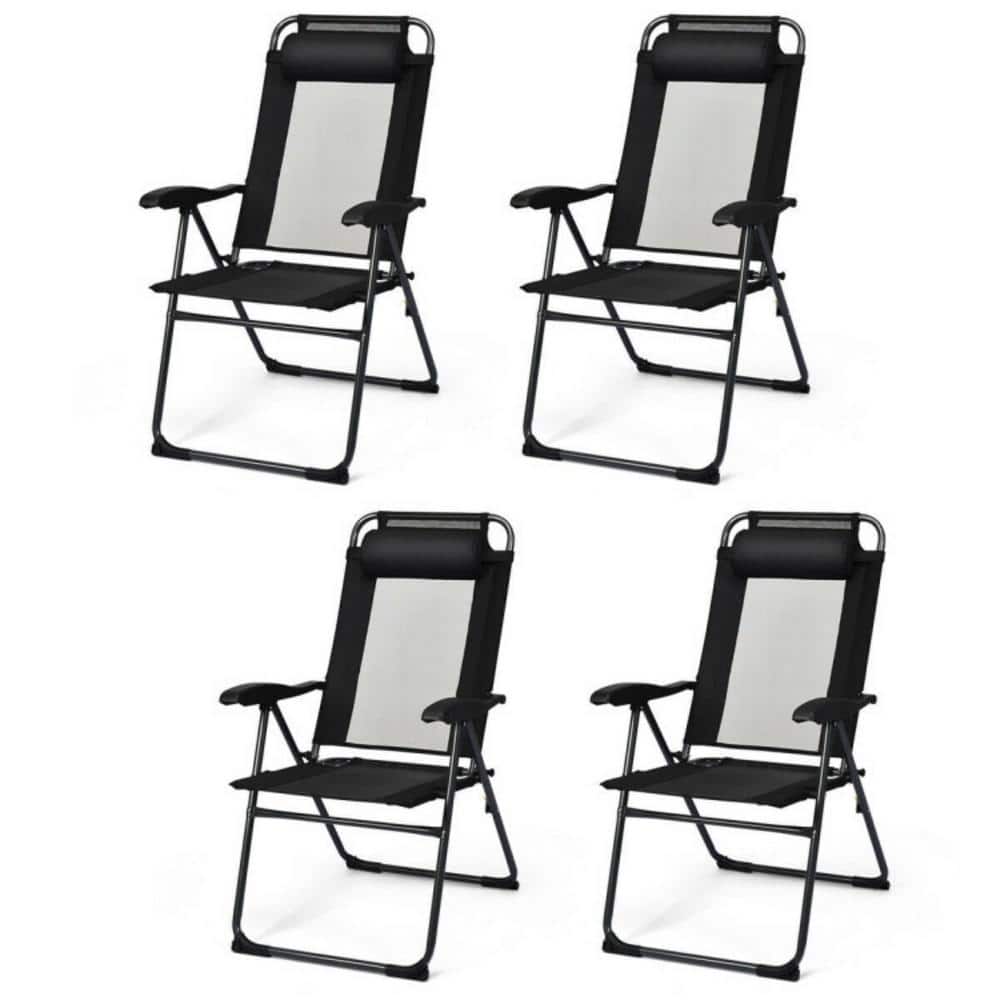 Black Adjustable Reclining Folding Patio Chairs with Headrests, Set of 4