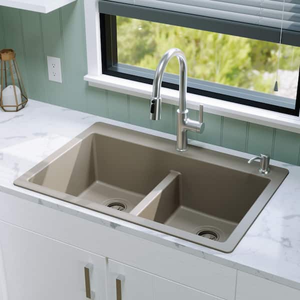 Karran Concrete Quartz/Granite 33 in. 50/50 Double Bowl Composite Drop-in Kitchen Sink in