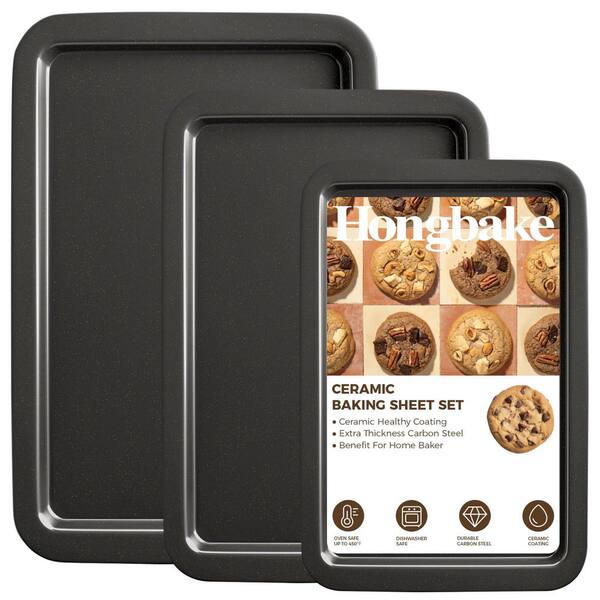 Ceramic Baking Sheet Pan Set, Cookie Sheet for Oven, Bakeware Sets with Wider Grips, 3 Pack Baking Tray in Dark Grey