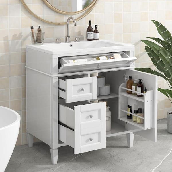Nivencai 30 in. W x 18 in. D x 33 in. H Single Sink Freestanding Bath Vanity in White with White Resin Top, a Tip-out Drawer