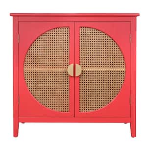 31.5 in. W x 14.96 in. D x 30.91 in. H Red Linen Cabinet with Semicircular Elements, Natural Rattan Weaving