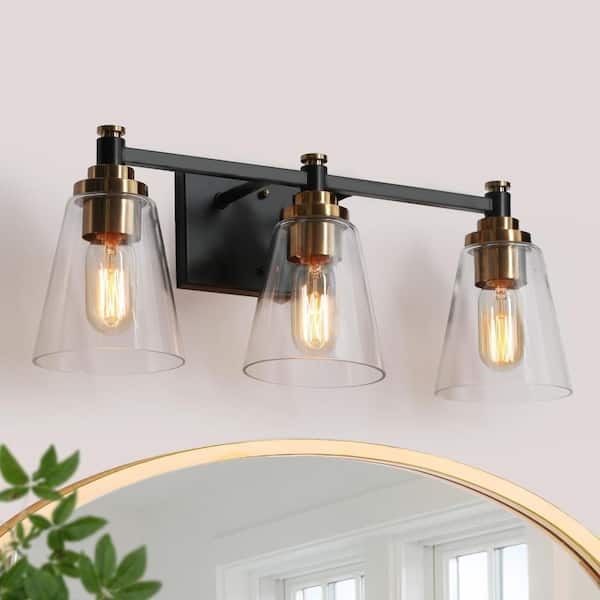 Zevni 21 in. 3-Light Brass-Plated Bathroom Vanity Light, Cone Clear Glass Bath Lighting, Black Industrial Indoor Wall Sconce