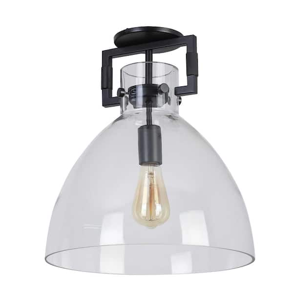 Dainolite Liberty 13.75 in. 1-Light Matte Black Transitional Semi-Flush Mount with Clear Glass Shade and No Bulbs Included
