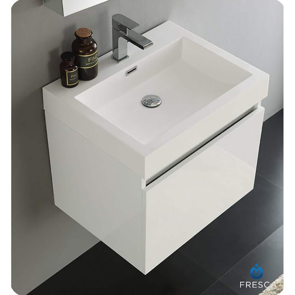 23" Fresca Nano Glossy White Wall-Mount Modern Vanity with Integrated Sink