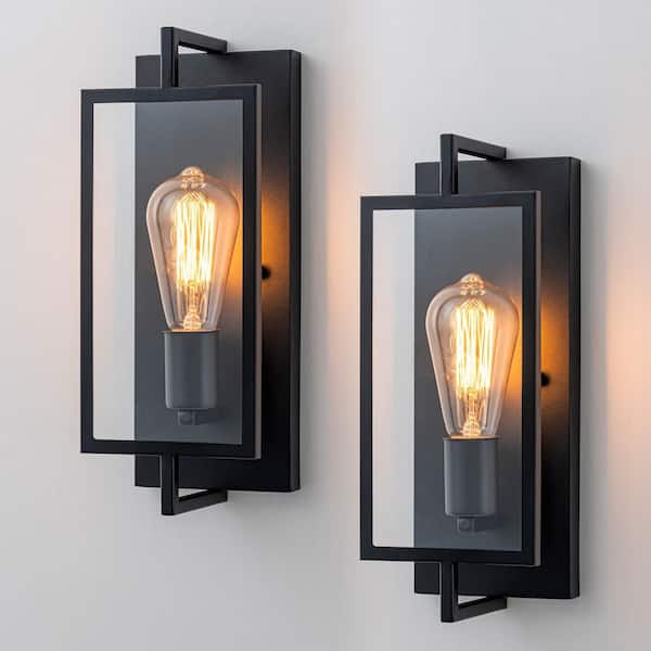 13 in. 1-Light Black Bathroom Vanity Light Wall Sconce with Clear Glass Shade (2-Pack)