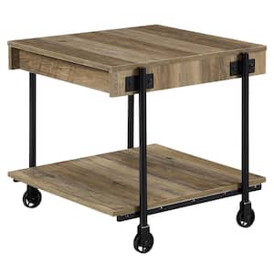 Bargib 23.63 in. Black and Rustic Oak Square Wood End Table with Wheels