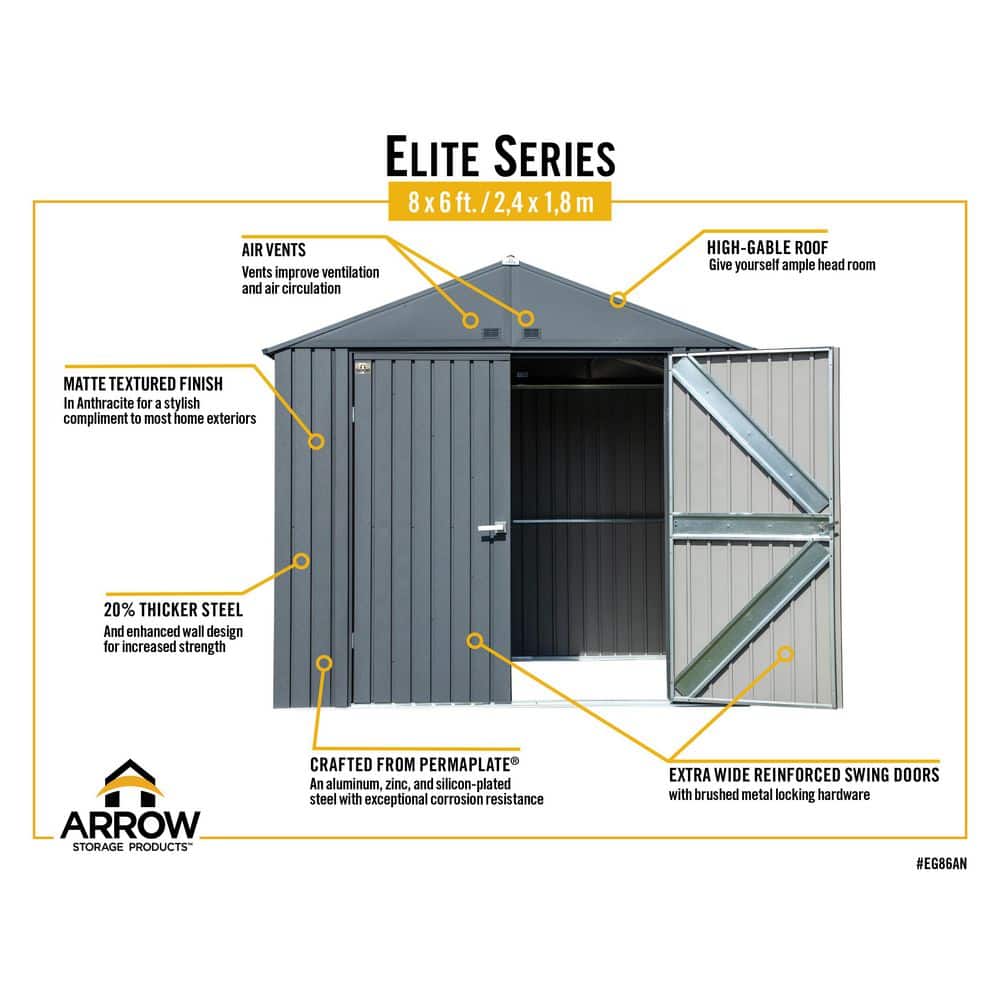 Elite 8' x 6' Gray Steel Storage Shed with Swing Doors