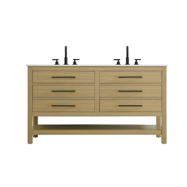 54 in. Double Sink Honey Brown Bath Vanity with White Engineered Marble Top