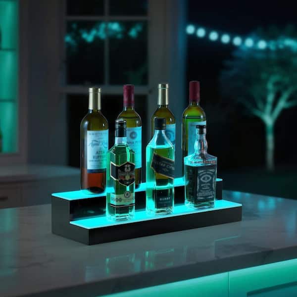 LED Lighted Liquor Bottle Display, 4.5 in. H x 7.9 in. W, 0-Bottle, Black Acrylic 2 Tiers Whiskey Rack Bar Shelf