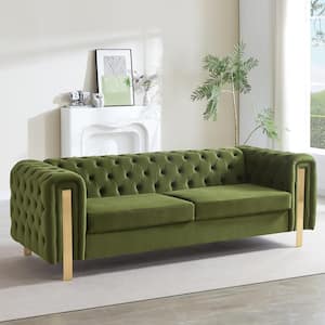 83.7 in. W 3-Seat Square Arm Velvet Rectangle Sofa in Green with Tufted Back and Arm, Modern Metal Legs