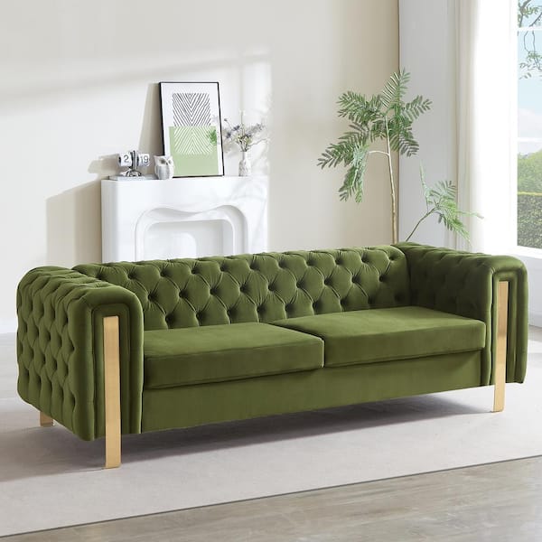 83.7 in. W 3-Seat Square Arm Velvet Rectangle Sofa in Green with Tufted Back and Arm, Modern Metal Legs