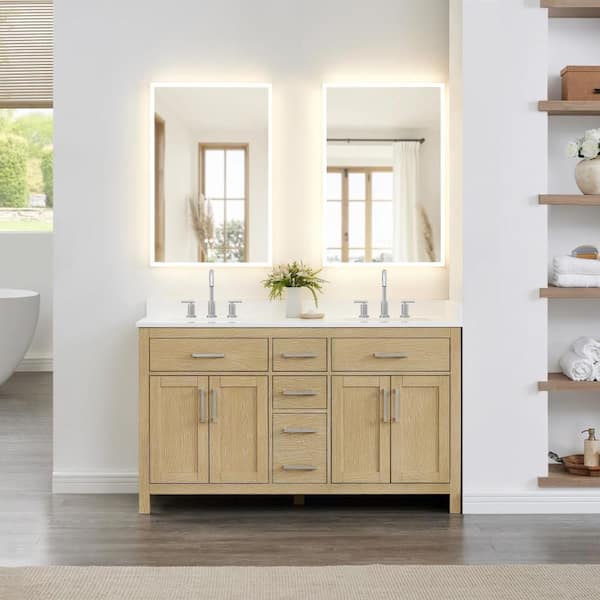 Beckett 60 in. Double Freestanding Whitewashed Oak Bath Vanity with White Quartz Top