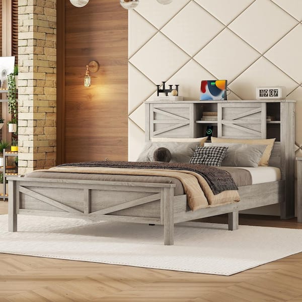 Harper & Bright Designs Antique Gray Wood Frame Queen Size Platform Bed with Double Sliding Barn Door and Charging Station