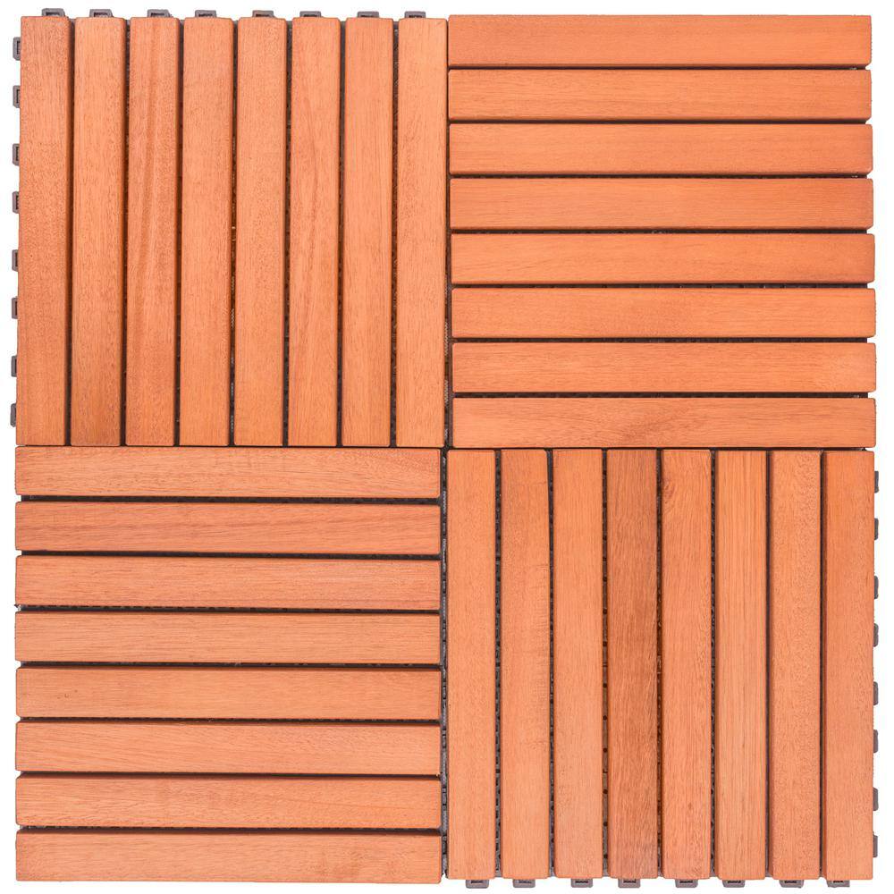 Kaia 11" Reddish Brown Eucalyptus Wood Interlocking Deck Tile Set