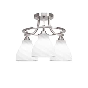 Madison 15.25 in. 3-Light Brushed Nickel Semi-Flush Mount with White Marble Glass Shade