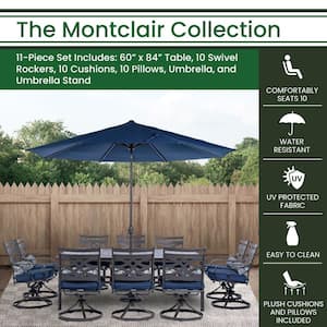 Montclair 11-Piece Steel Outdoor Dining Set with Navy Blue Cushions, 10 Swivel Rockers, 60x84 in. Table and Umbrella