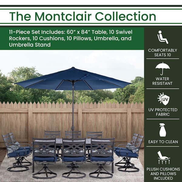 Montclair 11-Piece Steel Outdoor Dining Set with Navy Blue Cushions, 10 Swivel Rockers, 60x84 in. Table and Umbrella