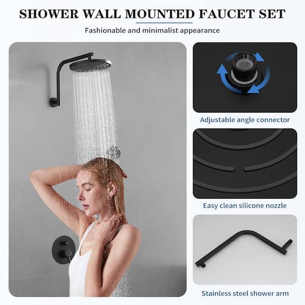 Single Handle 2-Spray Rain Shower Head Round Shower Faucet 2.5 GPM with High Pressure in. Matte Black(Valve Included)