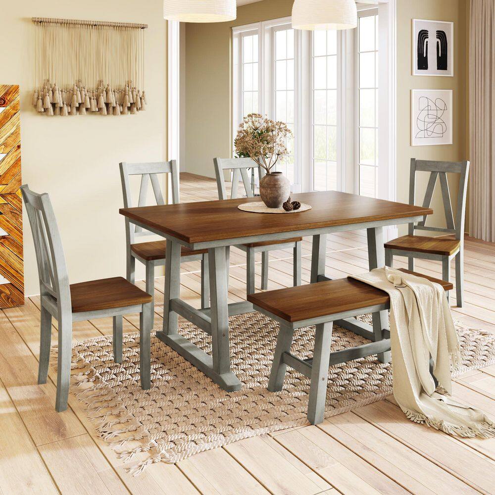 6 Piece Rectangular Wood Top Dining Table Set Seats 5