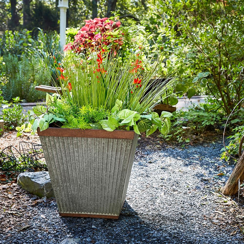 16" Rustic Galvanized Resin Square Planter