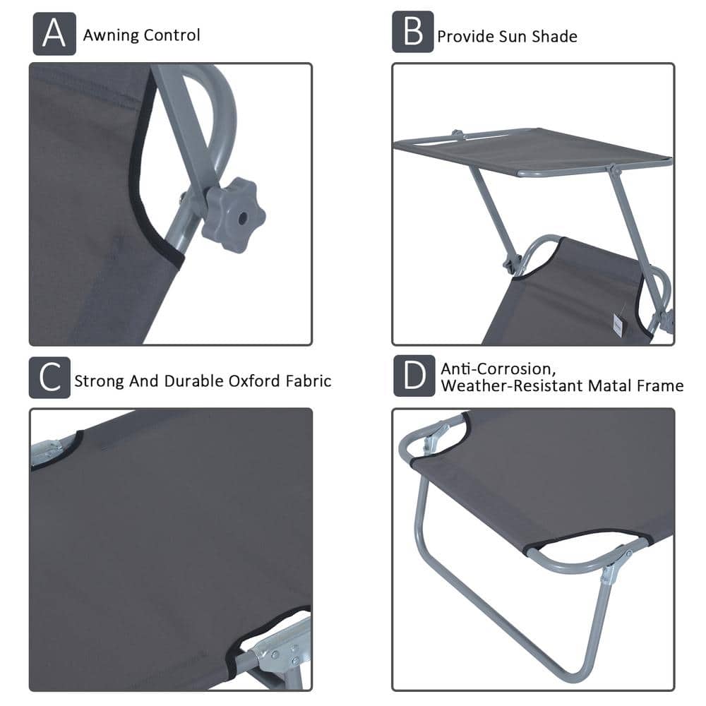 Gray Adjustable Steel Frame Outdoor Lounge Chair with Sun Shade