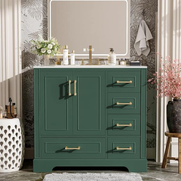 36 in. W x 18 in. D x 34 in. H Single Sink Freestanding Bath Vanity in Green with White Resin Top