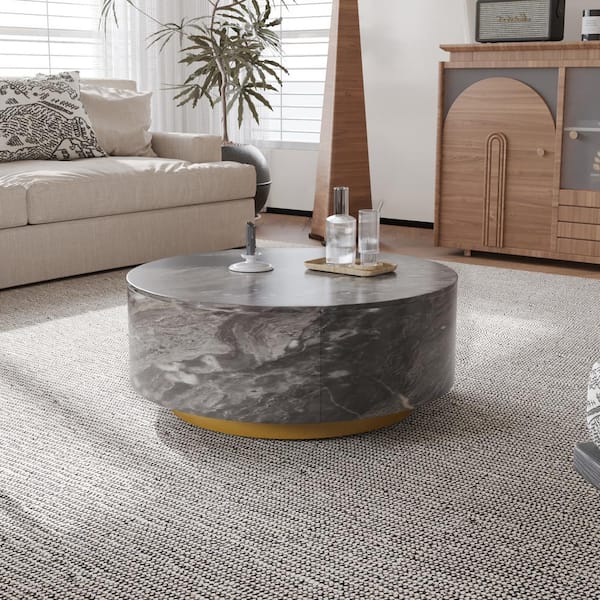 J&E Home 33.5 in. Galaxy Gray Round Marble Top Modern Minimalist Coffee Table with Drawers