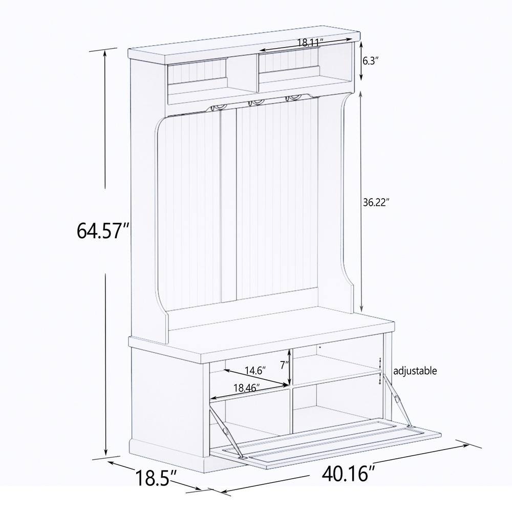 White Wood Hall Tree with Storage Bench and Hooks
