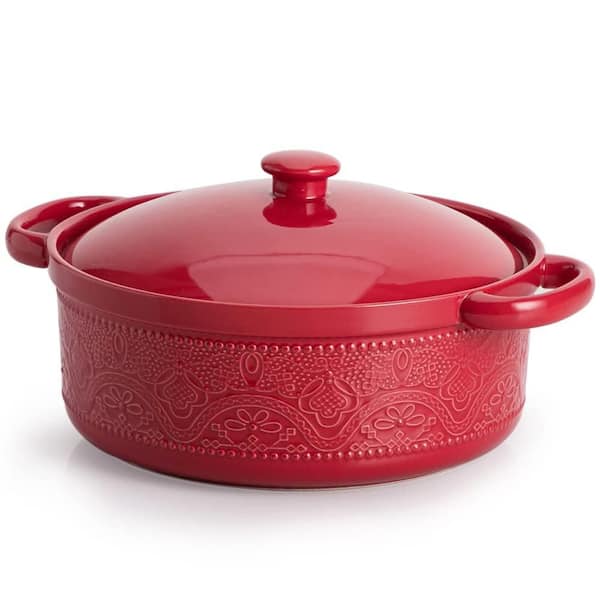 2 Qt. Lace Emboss Casserole Dish with Lid, Ceramic Round Serving Dish with Handles for Dinner, Red
