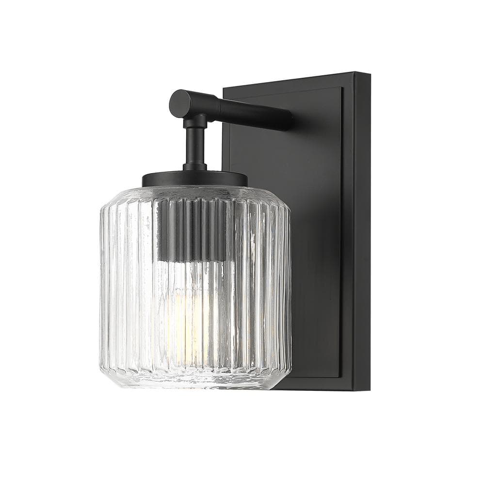 Landon 1-Light Matte Black Wall Sconce with Clear Ribbed Glass Shade